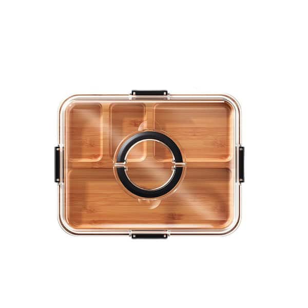14 in. Portable Black Acacia Wood Bamboo Charcuterie Serving Board with Clear Lid and 4 Compartments for Kitchen Gifting