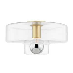 Iona 7 in. 1-Light Aged Brass Flush Mount with Clear Glass Shade