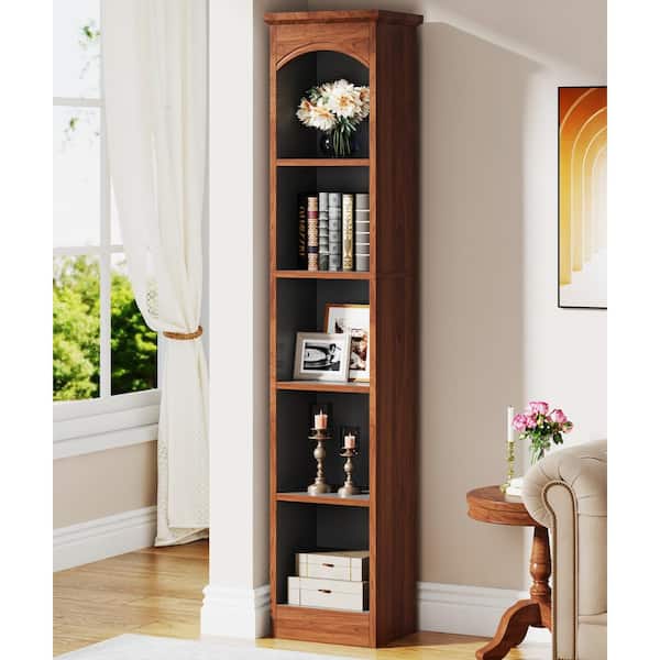 BYBLIGHT 70.86 in. Tall Walnut Brown Engineered Wood 5-Shelf Corner Bookcase, Narrow Bookshelf for Living Room