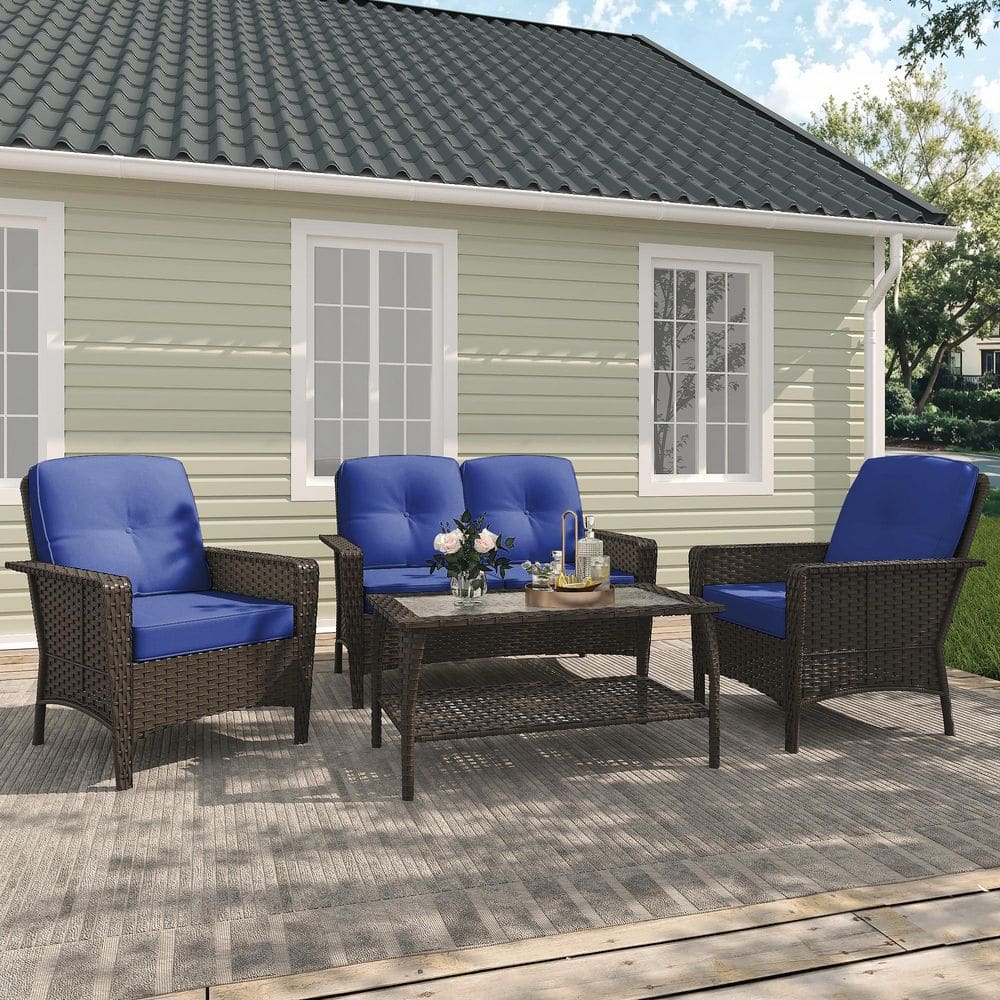 INMITOM 4-Piece Wicker Patio Conversation Set with Blue Cushions and ...