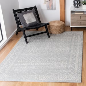 Tulum Light Gray/Ivory 8 ft. x 10 ft. Border Tribal Distressed Area Rug