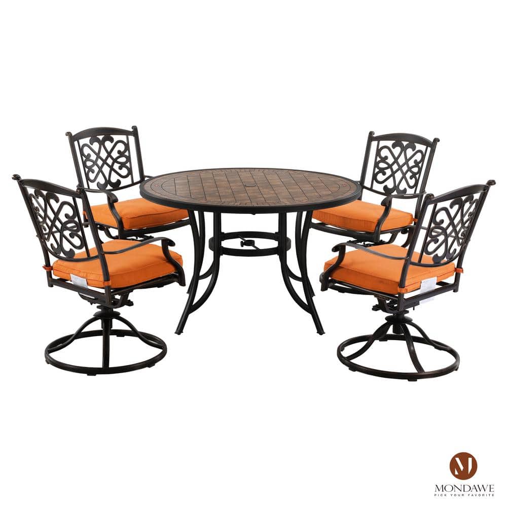 5-Piece Cast Aluminum Outdoor Dining Set with Ceramic Tile Top Table & Swivel Chairs with Orange Cushions