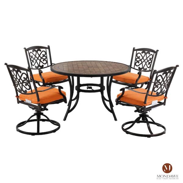 Mondawe 5-Piece Cast Aluminum Outdoor Dining Set with Ceramic Tile Top Table & Swivel Chairs with Orange Cushions
