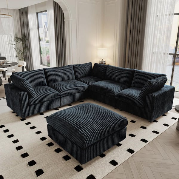 118 in. Squared Arm Soft Velvet Modular Sectional Sofa V-shaped Corner Couch with Washable Covers, Ottoman in Black