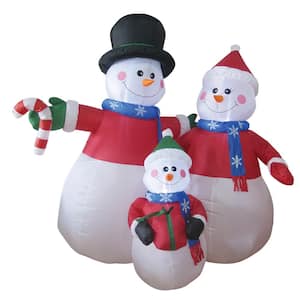6 ft. Snowman Family Dad with Black Hat, Mom with Red Santa Cap, Child with Green Santa Cap Airblown
