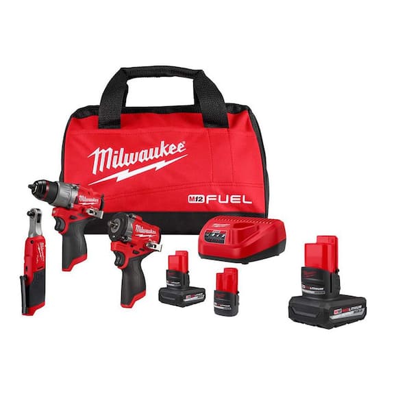 M12 FUEL 12V Lithium-Ion Cordless Drill Driver, Impact Wrench, and Ratchet Combo Kit (3-Tool) w/Batteries, Charger & Bag
