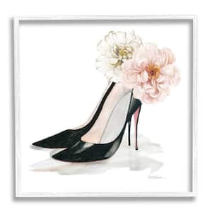 "Pink Floral Black Heels Chic Fashion Shoes" by Carol Robinson Framed Abstract Wall Art Print 12 in. x 12 in.
