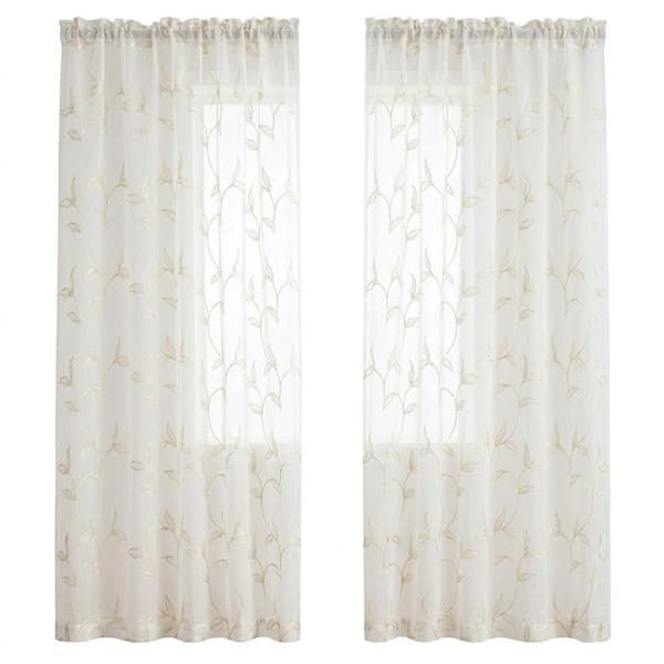 Beige Polyester 54 in. W x 84 in. L Floral Leaf Printed Light Filtering Curtain (Set of 2 Panels)