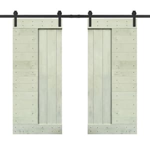 60 in. x 84 in. Sage Green Stained DIY Knotty Pine Wood Interior Double Sliding Barn Door with Hardware Kit