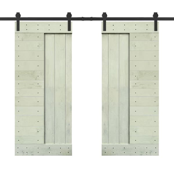 CALHOME 72 in. x 84 in. Sage Green Stained DIY Knotty Pine Wood Interior Double Sliding Barn Door with Hardware Kit