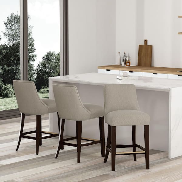 Beever Modern 27.4 in. Taupe Wood Frame Counter Stool with Chenille Fabric Upholstered Seat (Set of 3)