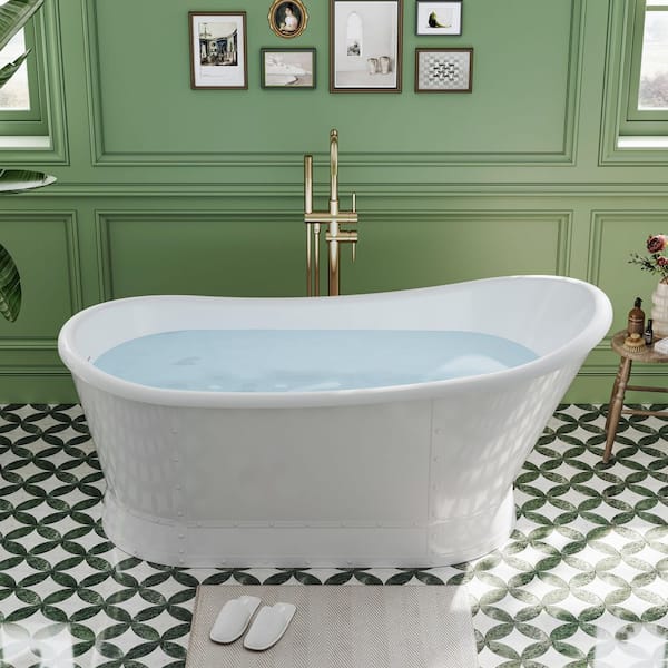 66 in. x 30 in. Acrylic Oval Flat Bottom Freestand Soaking Bathtub with Drain in Glossy White