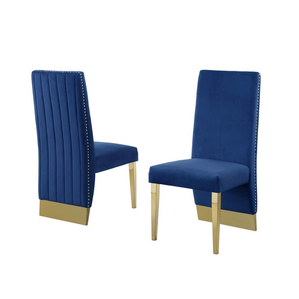 63" Rectangular Clear Glass Dining Set with Navy Blue Velvet Chairs