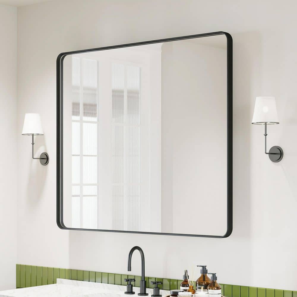 48 in. W x 40 in. H Rectangular Aluminum Framed Modern Black Rounded Wall Mirror price history on PriceWatchPro