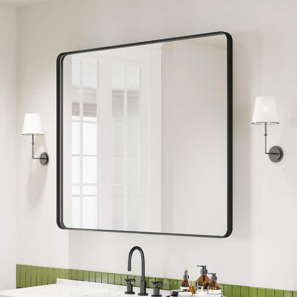 48 in. W x 40 in. H Rectangular Aluminum Framed Modern Black Rounded Wall Mirror