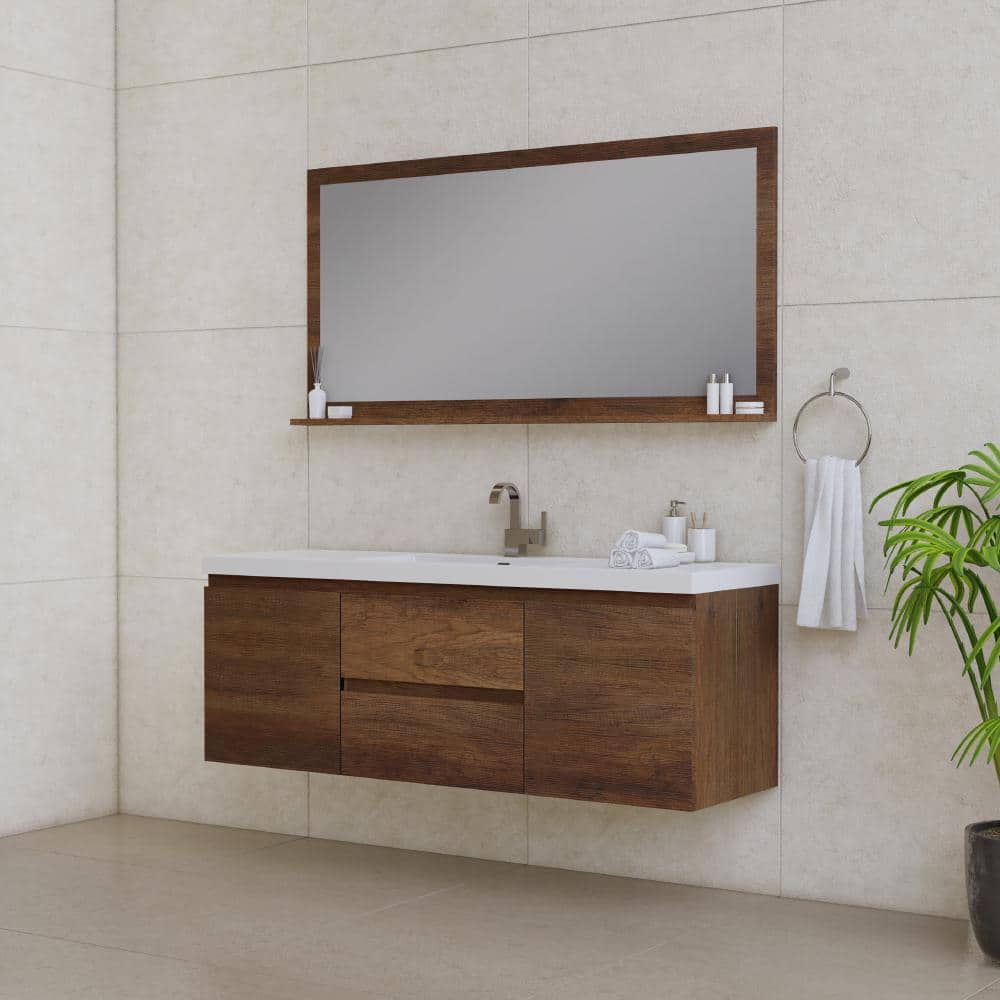 60" Rosewood MDF Floating Vanity with White Solid Surface Sink