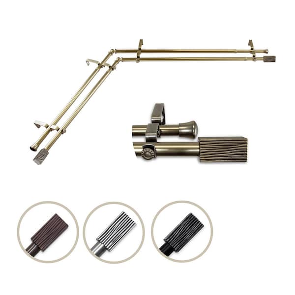 Rod Desyne 13/16" Dia Adjustable 66" to 120" Double Corner Window Curtain Rod in Antique Brass with Alder Finials