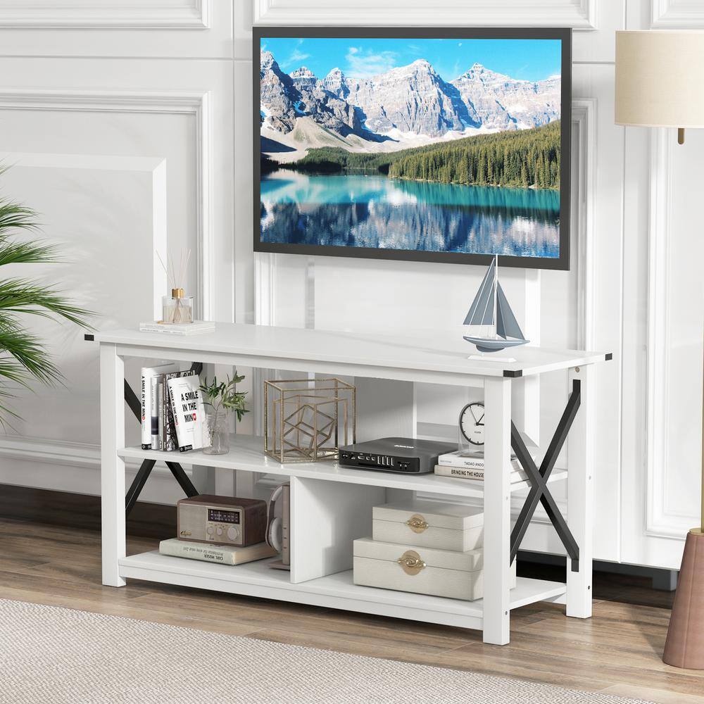 FORCLOVER White 3-Tier Wood TV Stand Fits TVs up to 55 in. with