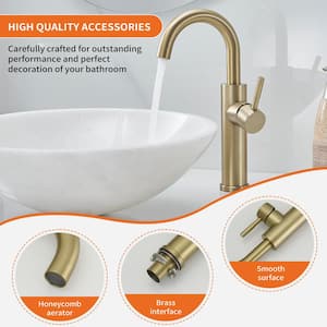 Single Hole Single Handle High Arc Bathroom Bathroom Vessel Sink Faucet With Swivel Spout in Brushed Gold