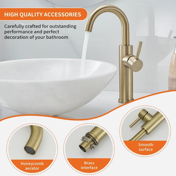 Single Handle Mid Arc Vessel Sink Faucet with 180 Swivel in Brushed Gold