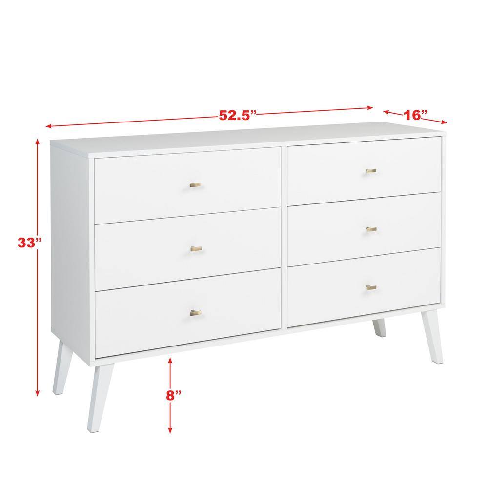 White Mid-Century 6-Drawer Double Dresser with Brass Knobs