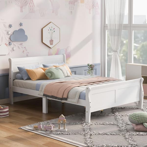62.50 in. W White Queen Solid Wood Sleigh Bed with Headboard and Wood Slat Support