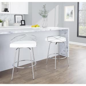 Charlotte Glam 25.25 in. White Faux Leather and Chrome Metal Fixed-Height Counter Stool with Round Footrest (Set of 2)