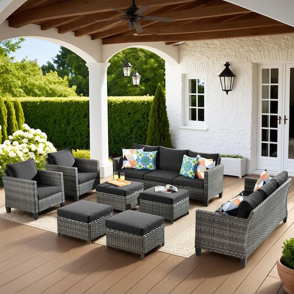 New Vultros Gray 8-Piece Wicker Outdoor Patio Conversation Seating Set with Black Cushions