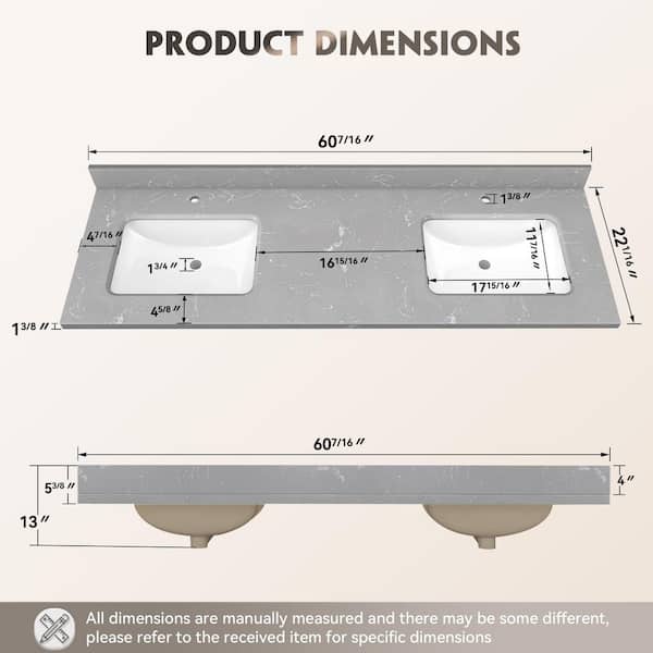 Zeafive 60 in. W x 22 in. D Cultured Marble White Rectangular