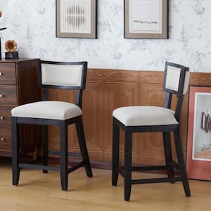 26.50 in. Black and Beige Upholstered Back Rubberwood Counter Stool, Set of 2