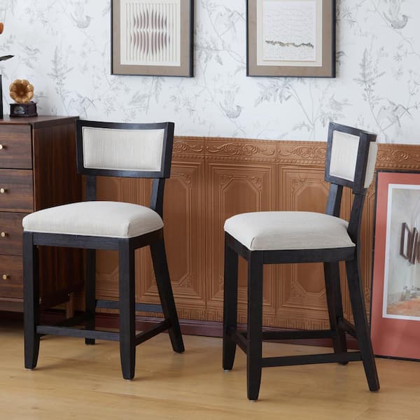 Noble House 26.50 in. Black and Beige Upholstered Back Rubberwood Counter Stool, Set of 2