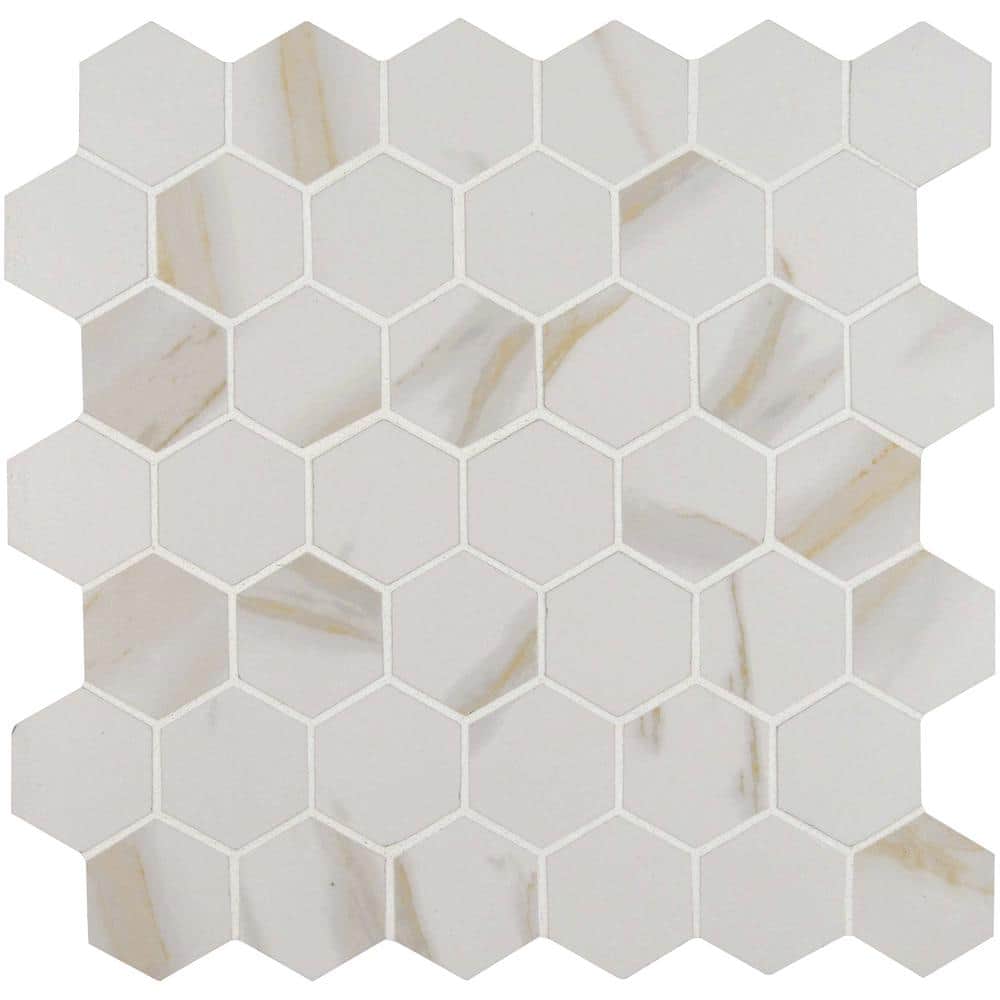 Take Home Tile Sample-Calacatta Hexagon 4 in. x 4 in. Porcelain Mesh-Mounted Mosaic Tile price history on PriceWatchPro