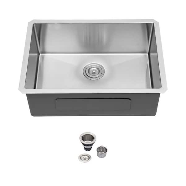 26 in. Undermount Sink Single Bowl 16-Gauge Brushed Stainless Steel Kitchen Sink with Drain Assembly