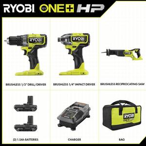 ONE+ HP 18V Brushless Cordless 3-Tool Combo Kit with (2) 1.5 Ah Batteries, Charger, and Bag