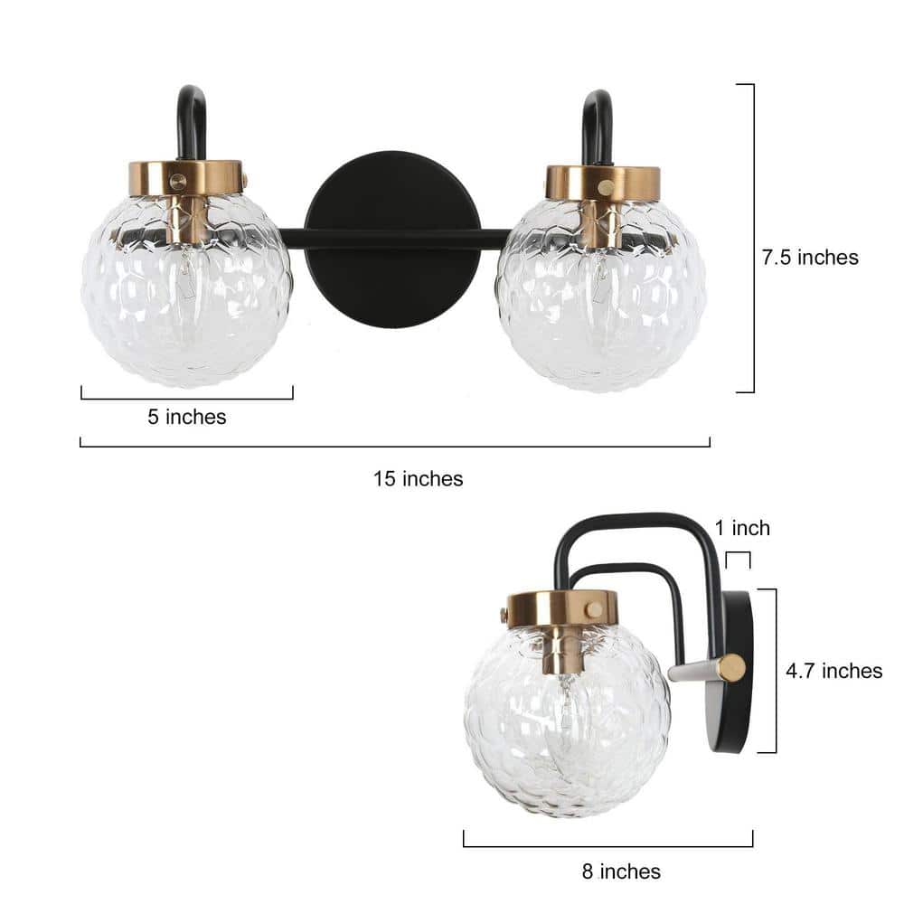 Astrid 15" Black and Gold Ripple Glass 2-Light Vanity Fixture