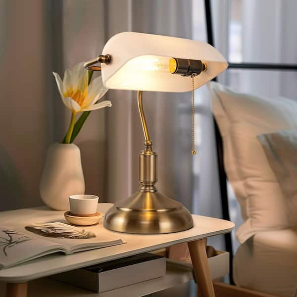 15 in. Gold Bankers Task and Reading Lamp for Home with White Glass Shade and Pull Chain Adjustable Desk Lamp