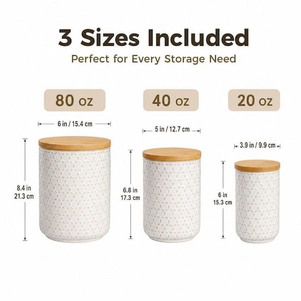Wudkey 3-Piece Ceramic Canisters Set with Airtight Lids, 80/40/20