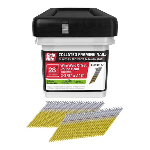 Grip-Rite 2-3/8 in. x 0.113 in. 28° Wire Collated Exterior Galvanized Offset Round Head Ring Shank Framing Nails 1000 per Box