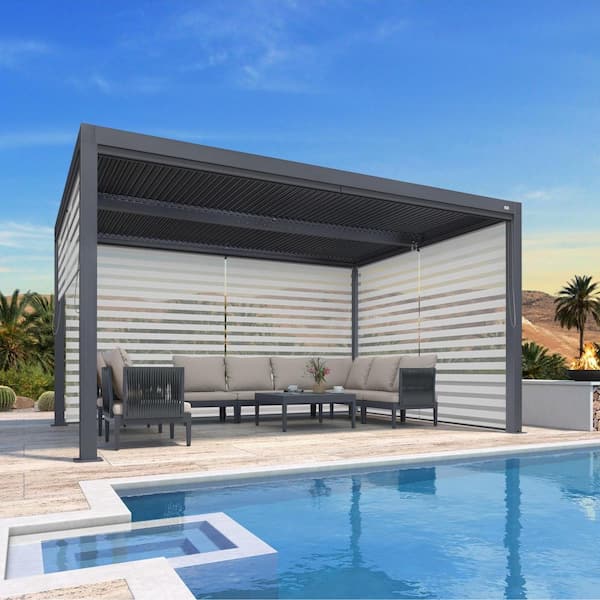 PURPLE LEAF 10 ft. x 14 ft. Gray Aluminum Louvered Pergola with Adjustable Sunshade Roofs and 1-Long 2-Short Side Roller Shade