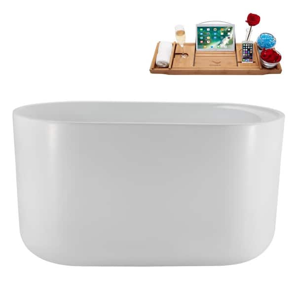 Streamline 48 in. x 26 in. Acrylic Freestanding Soaking Bathtub in Glossy White with Polished Gold Drain, Bamboo Tray