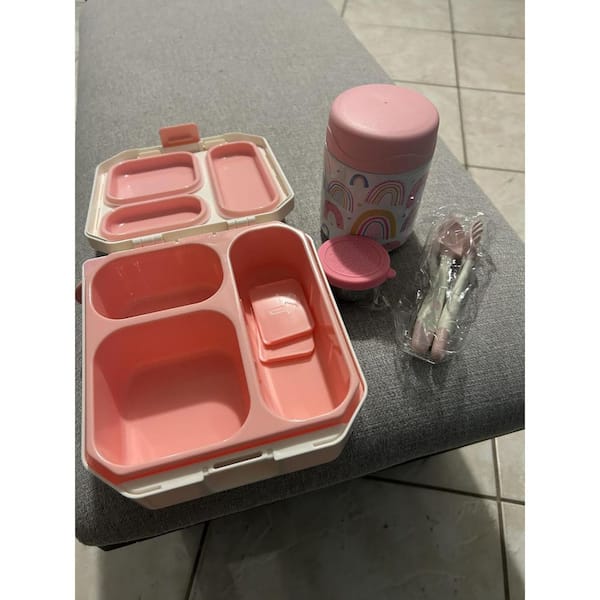 Kids Bento Lunch Box Set with Thermo Jar Cartoon Theme Lunch Bag Set of 6 in White Rainbow