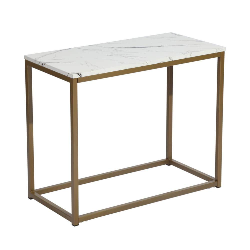 Homy Casa Adria 28 in. Rectangular White Faux Marble Table Top End Table With Gold Metal Legs