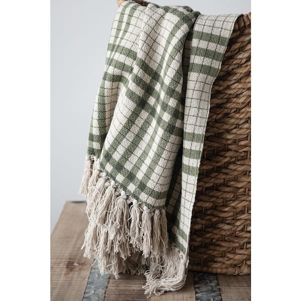 3R Studios Soft and Cozy Grey Colored Woven Recycled Cotton Blend Printed  Plaid Decorative Throw Blanket with Fringe DF5152 - The Home Depot