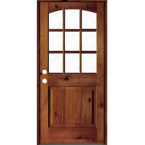32 in. x 80 in. Knotty Alder Right-Hand/Inswing 1/2 Lite Arch Top Clear Glass Red Chestnut Stain Wood Prehung Front Door