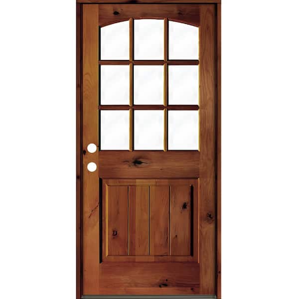 32 in. x 80 in. Knotty Alder Right-Hand/Inswing 1/2 Lite Arch Top Clear Glass Red Chestnut Stain Wood Prehung Front Door