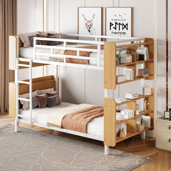 Harper & Bright Designs White Twin Over Twin Size Metal Bunk Bed with 2-Storage Headboard, Two 4-Grid Shelves and Full-Length Guardrail