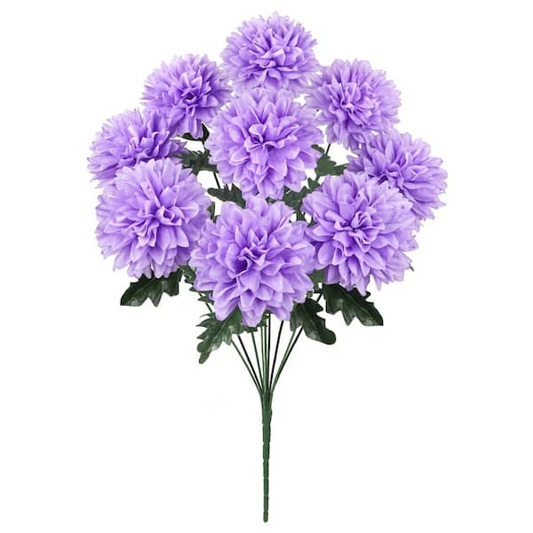 LIVING LUXURY 22 in. Lavender Purple Artificial Ball Mum Pom Pom Flower Stem Bush Bouquet (Set of 2)