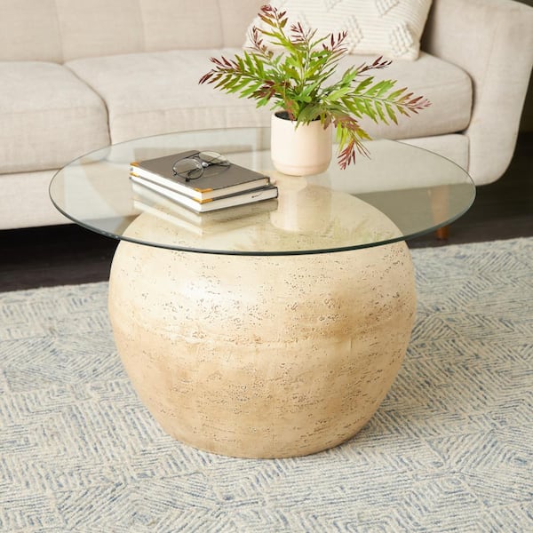 30 in. x 18 in. Beige Round Resin Coffee Table with Glass Tabletop