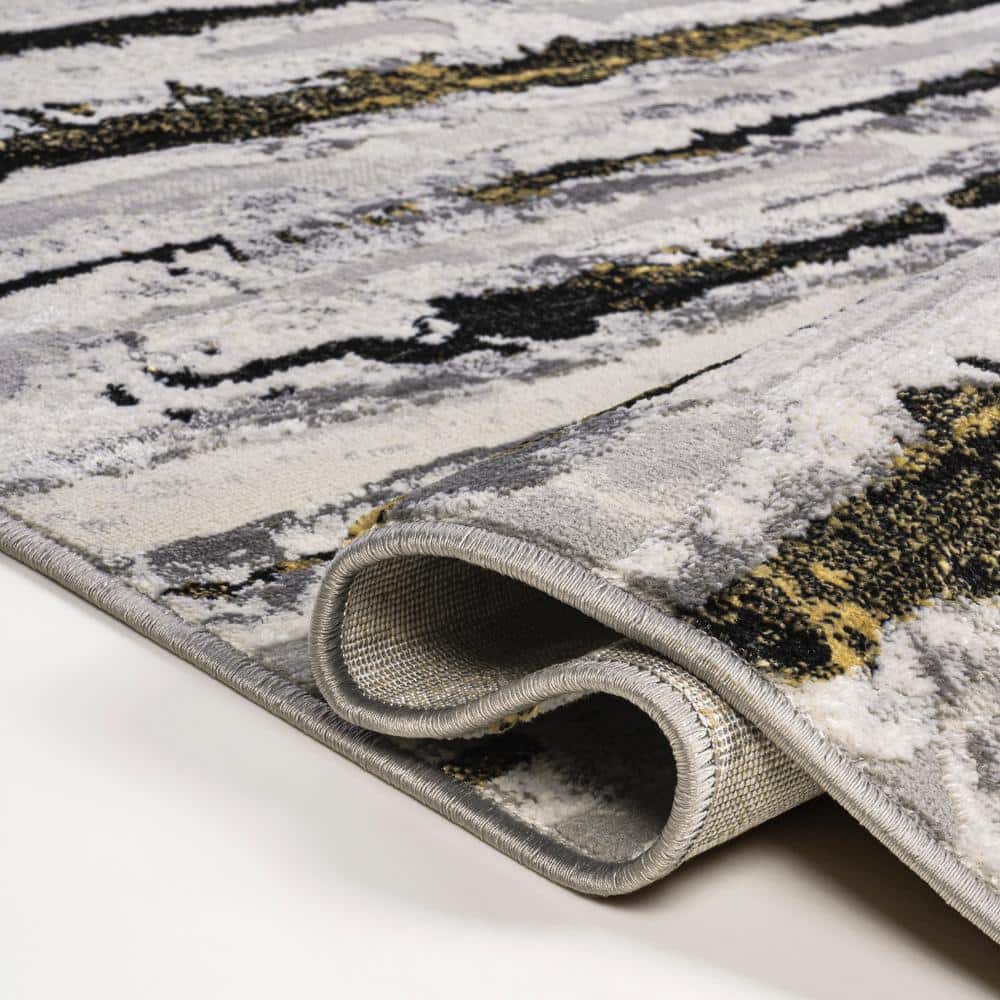Gray and Black Rectangular Synthetic Stripe Area Rug, 8' x 10'