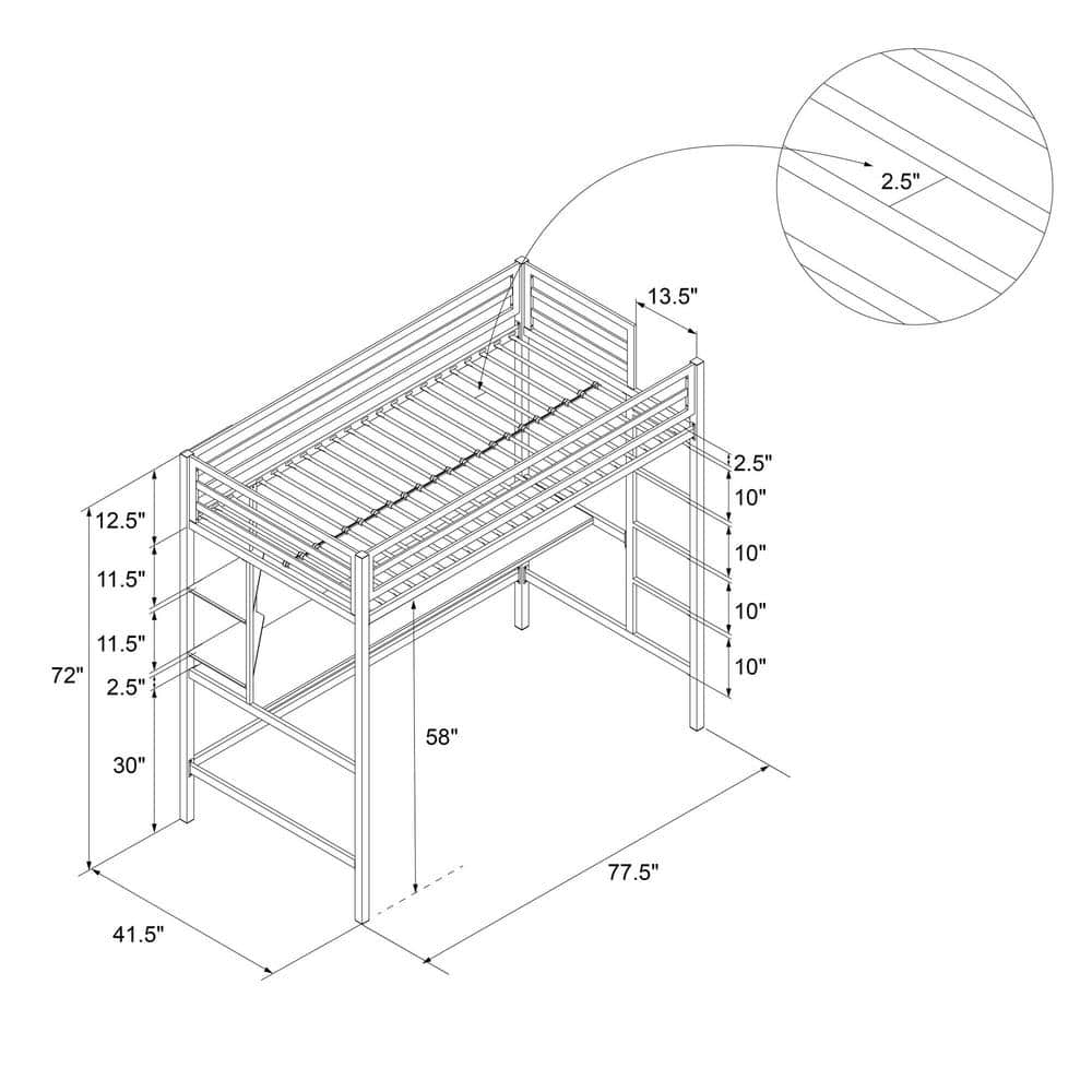 Off-White Twin Metal Loft Bed with Desk and Shelves